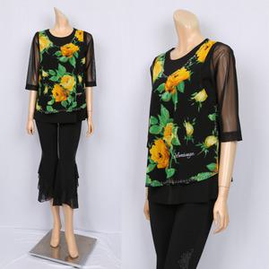 노브패리스 BGR2946 옐로장미 이중보석 칠부 티셔츠 66에서99 라인 라틴 모던 웰빙 군살 뱃살커버티 꽃무늬티 사계절 