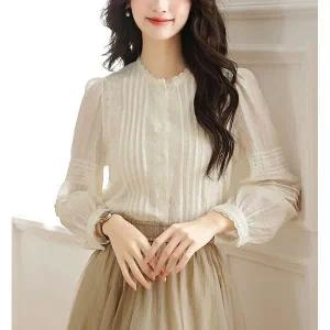 [하프클럽/패션]레이스차이나넥 머신링클 블라우스 25900BF4