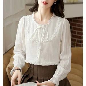 [하프클럽/패션]레이스라인패턴 리본넥 블라우스 25511642