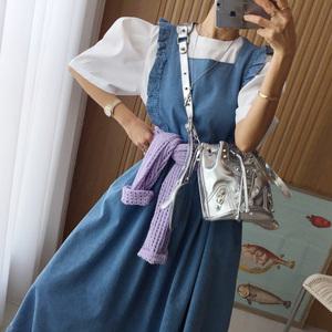 프롬 스퀘어넥 프릴 연청 진청 데님 A라인 플레어 롱 민소매 데님 원피스 (2color)