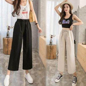 고품질 9부 쿨 바지 린넨 여성 여름 와이드 빅사이즈 밴딩 통바지 여성밴딩바지 여성봄바지 (WFHZDS0)