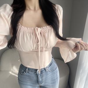 글램핏 / 글램핏 레이스 리본 셔링 쉬폰 스모크 크롭 스퀘어넥 오프숄더 블라우스 3