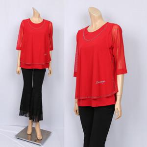 노브패리스 BGR2989 레드 이중 보석 망사 티셔츠 66에서99 라인 밸리 라틴 모던 웰빙 뱃살 군살커버 칠부 사계절 여자