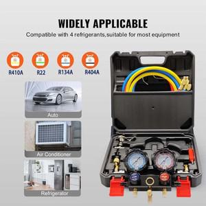 R410A R22 R134a 냉매용 AC 매니폴드 미터 키트, 1.45m 호스, 커플러 및 어댑터가 포함된 3방향 프레온 충