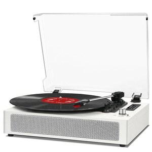 VinylsLink 레코드 플레이어 Bluetooth와 Bulit-in 스피커 빈티지 레코드 플레이어, USB 레코딩 EQ 모드 지원 벨트 구동 3단 턴테이블 AUX-in RCA 출력, 화이트 우드
