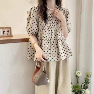 드안 도트 블라우스 퍼프 반팔 탑