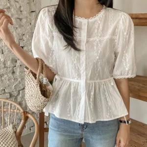 [러블리/허리잘록] 플라워 자수 레이스 블라우스