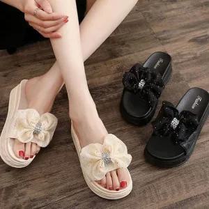 여성 통굽 리본 슬리퍼 사무실 키높이 실내화 슈즈 여자슬리퍼 인기슬리퍼 여름슬리퍼