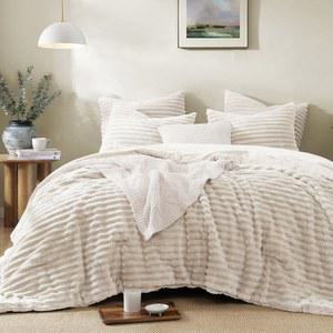 제니오스핀 럭셔리 플러피 퀸 이불 세트-3피스, 보리 사이즈, 인조 모피 침구 세트, 푹신한 퍼지 보리, 90''x90''