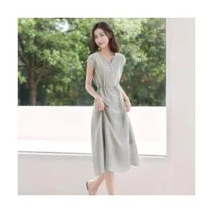 EAMT 여자 여름 원피스 린넨 함유 바캉스 롱스커트 편안하고 얇은 통기성 스트랩 슬림핏 EUNG2