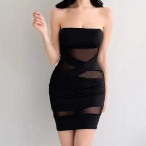여성 매쉬 슬림 비침 튜브탑 검정 쁘띠 원피스