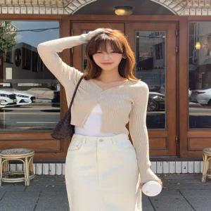 (신축성GOOD/롱비율템/쫀쫀몸매보정) 나이브 슬림핏 브이넥 골지 크롭 가디건 cd3443