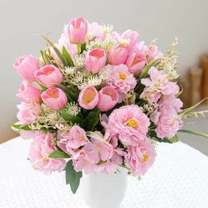 아트박스/플라워트리 튤립 성묘 꽃다발 조화 핑크 37x47cm 납골당 산소