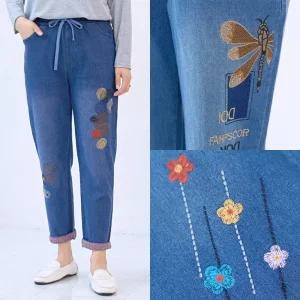 엄마옷마미소 청앤 청바지 봄가을 간절기 패치 배색 캐릭터 자수 할머니 빅사이즈 40 70 마담 중년 여성 옷