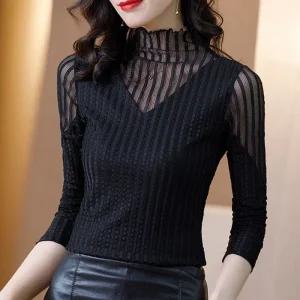 목폴라 스포츠댄스복 연습복 라틴 상의 살사 라인 여성 긴팔 공연복 댄스복 시스루 망사 사교