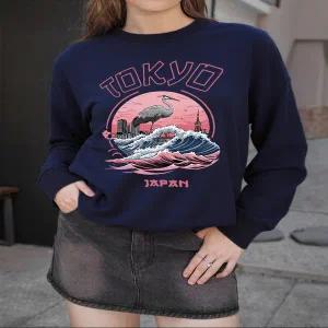 후드티 오버핏 가을 겨울 긴팔 도쿄 일본 하라주쿠 크레인 웨이브 프린트 스웨트 여성 옷 양털 패션 풀오버