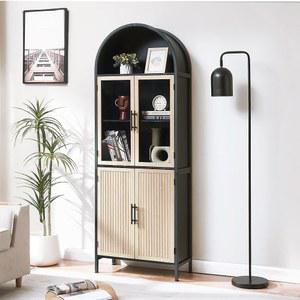 유리문과 선반이 있는 허쉬디파이 아치형 수납장, 5단 농가 책장 높이의 거실/외식/사무실용 곡면 허치 수납장 - 오크앤블랙