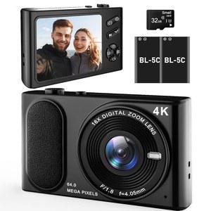4K UHD 디지털 카메라, 64MP 오토포커스 브이로그 카메라 16X 줌, 컴팩트 포인트 및 촬영 흔들림 방지 기능, 성인 초보자를 위한 소형 여행용 32GB 카드, 배터리 2개(블랙)