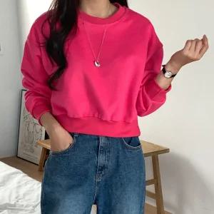 여성 라운드 데일리 무지 크롭 맨투맨 티셔츠 21DS-WSH-4904-핑크