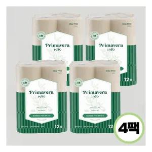 프리마베라1980 3겹 뱀부티슈 33M 104mm 광폭 12롤X4팩 먼지없는 대나무 화장지 417828