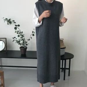 발목 롱 라운드 베스트 니트 조끼 원피스 차콜 [AEG471]
