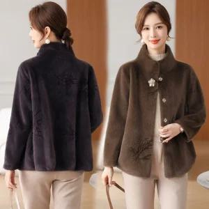 여자 가죽 자켓 재킷 엄마룩 겨울 밍크 다운 코트 중장년 하이칼라 고급 퍼 일체형 ST4