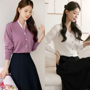 [시크라인] (~XXL까지) 테아나 브이넥 골드버튼 가디건 가을 데일리 일상 하객룩 출근룩 베이직 자체제작 빅사이즈