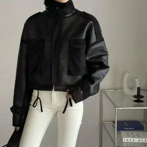 여자 스트랩 배색 크롭 레더 가죽 양털 무스탕 자켓_4