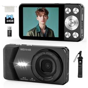 4K 디지털 카메라, Wevoor 64MP 포인트 앤 샷 카메라(오토포커스, 18배 줌, 20개 필터, 64GB SD 카드, 2000mAh 배터리, 2.8인치 초보자를 위한 화면 컴팩트 브이로그 카메라(블랙)