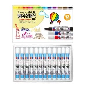 크라운 유성매직 단색 하늘색 12개입 ( 사무용품 문구 유성펜 고급잉크 둥근닙