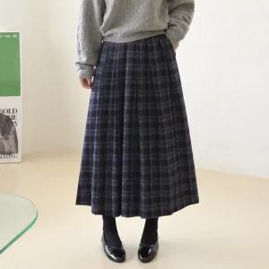 [데일리앤] 에일 체크 플리츠 울 모직 롱 스커트 밴딩 플레어 주름 치마 봄 가을 겨울