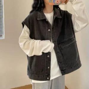 고품질 빈티지 블랙 데님 베스트 스트릿 아우터 진 청 조끼 (WFK5N77)