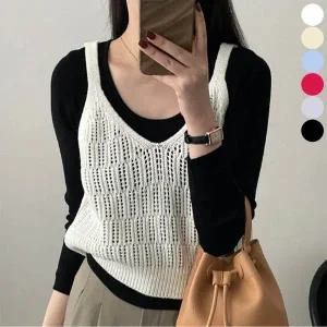 여름 트렌디 니트 뜨개 그물 뷔스티에 조끼 레이어드