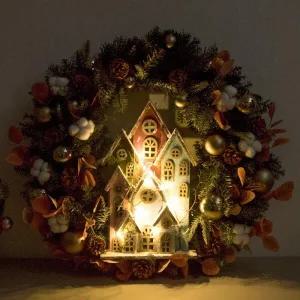 /플라워트리 크리스마스 리스 벽장식 LED 세븐 하우스 그레이 75cm