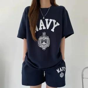 고품질 여성 네이비 컬리지 반팔 트레이닝 세트 꾸안꾸룩 여름셋업 (WFK5T0F)