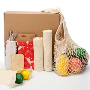 리메리 13개 제로 웨이스트 선물 세트 밀랍 재사용 가능한 파머스 마켓 메쉬 빨대 키트 천연 루파 식기 도구 크리스마스 주방