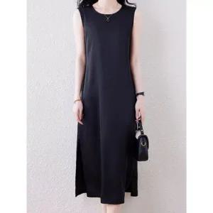 [디에이치(하프클럽)]블랙 심플라운드 민소매 원피스_P391894196