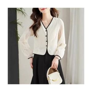 봄가을 여성 브이넥 슬림핏 레이스 펀칭 긴팔 블라우스