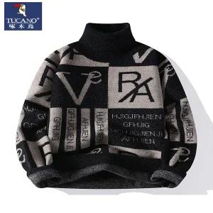 터틀넥 목 티 폴라 캐시미어 니트 기모 스웨터 딱따구리 남자 남성 2025년 겨울 루즈 트렌드 스플라이싱 하