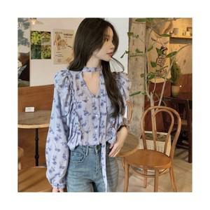 여성 봄가을 로맨틱 플라워 프릴 셔링 벌룬 소매 긴팔 블라우스