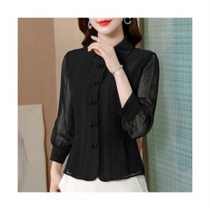 봄가을 여성 시스루 쉬폰 플리츠 블라우스 7부소매 오피스룩