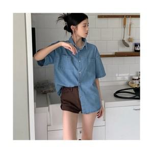 여름 여성 심플 캐주얼 데님 반팔셔츠