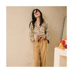 여성 데일리 플라워 쉬폰 벌룬소매 브이넥 블라우스