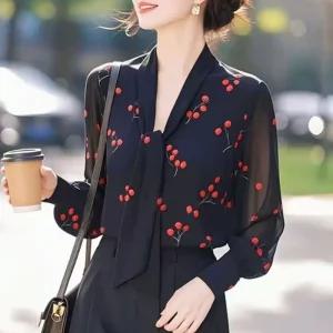 여자 쉬폰 블라우스 끈 긴팔 셔츠 가을 체리 프린트 얇은 상의 원픽3