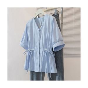 에쥬아 여성 오버핏 반팔 셔츠 브이넥 스트렙 화이트 블라우스