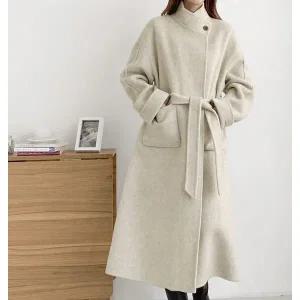 [모던스타일]여성 핸드메이드 울100 하이넥 벨티드 롱코트 아우터