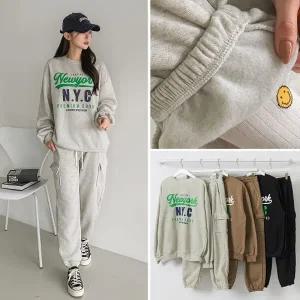 여성 기모 나염 맨투맨 티셔츠 카고 조거팬츠 트레이닝 세트 츄리닝 투피스 셋업 -WPST0305- 겨울