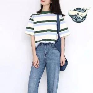 여름 데일리 스타일 반팔 티셔츠 투톤 가오리티셔츠 크롭티셔츠