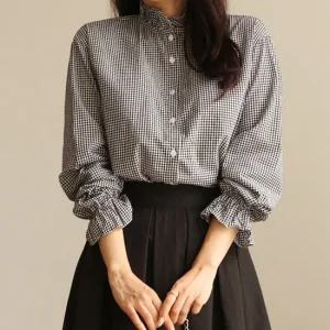 써니11 check 프릴넥 블라우스