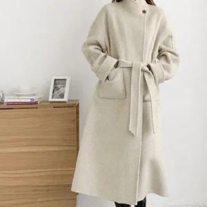 [스타일나]여성 핸드메이드 울100 하이넥 벨티드 롱코트 아우터